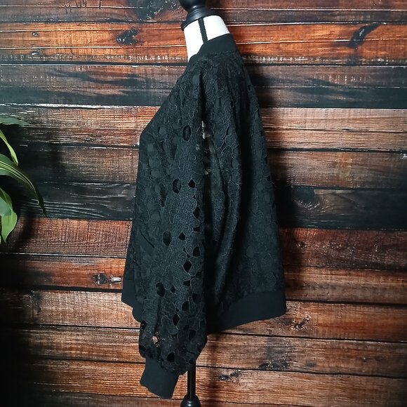 Isaac Mizrahi Live Bomber Jacket XL Black Lace Full Zip Sheer Sleeve - Picture 6 of 10